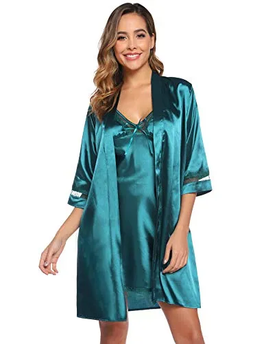 Womens 2 Pieces Satin Night Dressing Gown.