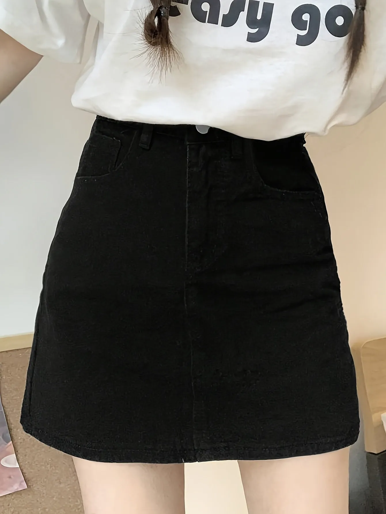 Women's Casual High Waisted Denim Skirt with Pockets - Slim Fit Solid Color Bodycon Mini Skirt, Non-Stretch Polyester & Rayon Blend for Spring/Summer/Fall