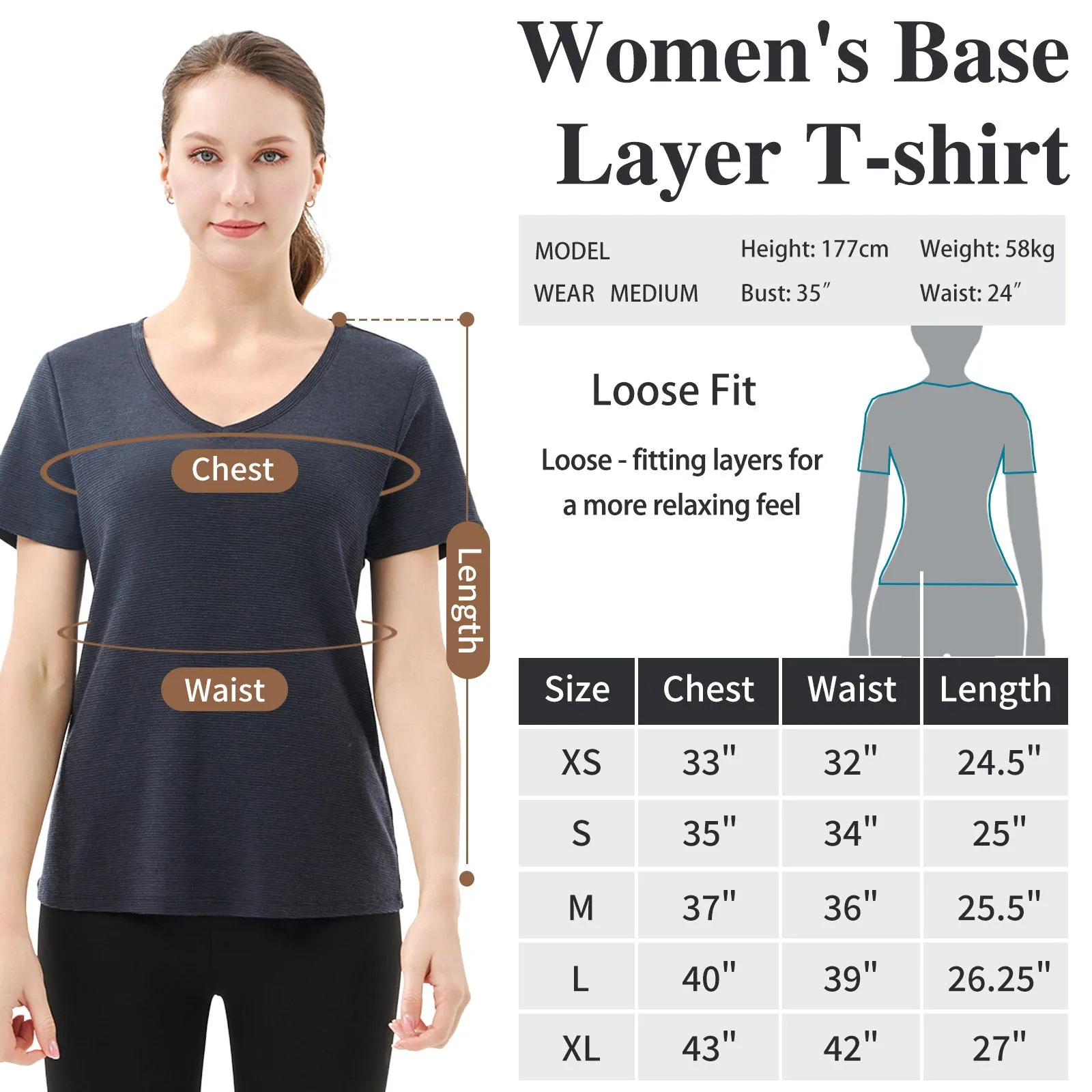 Women's Merino 200g V-Neck Short Sleeve T-Shirt Black Grey Stripes