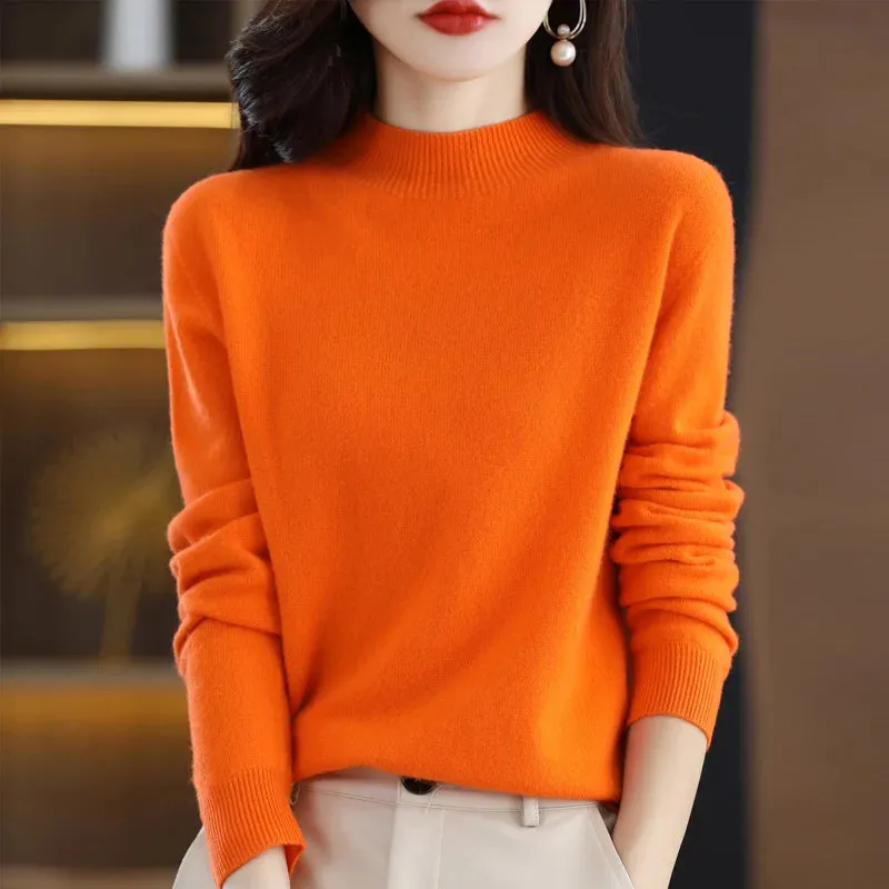 Wool Women's Cashmere Knitted Sweater Half High Collar Long Sleeve Pullover