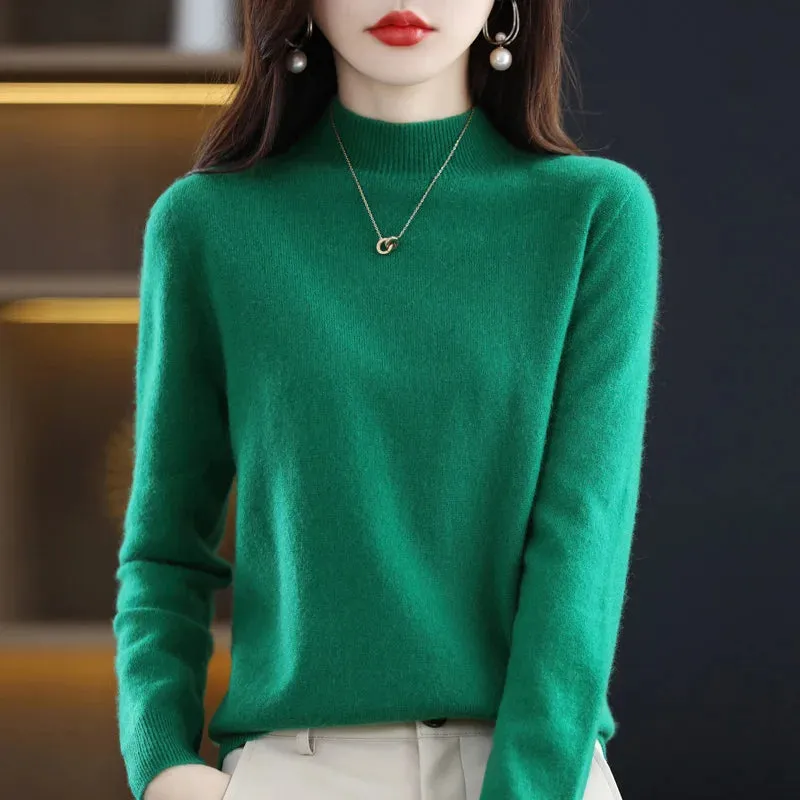 Wool Women's Cashmere Knitted Sweater Half High Collar Long Sleeve Pullover