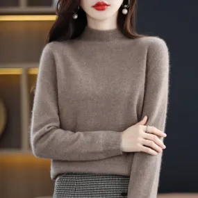 Wool Women's Cashmere Knitted Sweater Half High Collar Long Sleeve Pullover