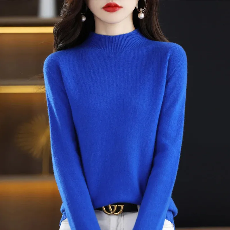 Wool Women's Cashmere Knitted Sweater Half High Collar Long Sleeve Pullover