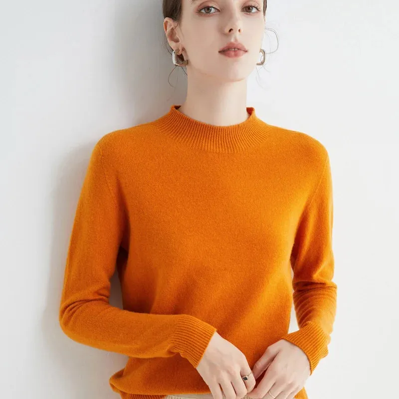 Wool Women's Cashmere Knitted Sweater Half High Collar Long Sleeve Pullover