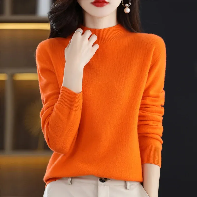 Wool Women's Cashmere Knitted Sweater Half High Collar Long Sleeve Pullover