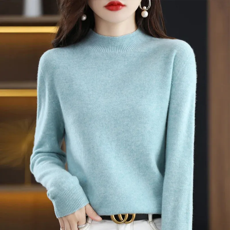 Wool Women's Cashmere Knitted Sweater Half High Collar Long Sleeve Pullover