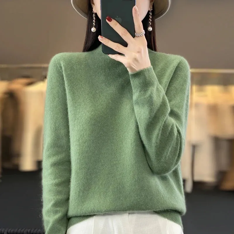 Wool Women's Cashmere Knitted Sweater Half High Collar Long Sleeve Pullover