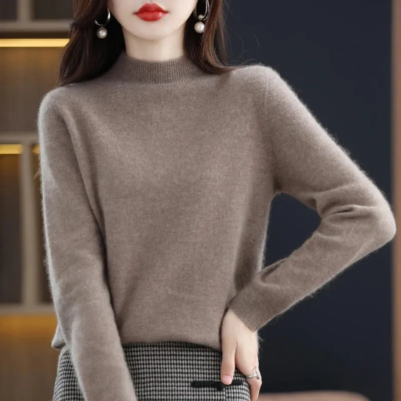 Wool Women's Cashmere Knitted Sweater Half High Collar Long Sleeve Pullover