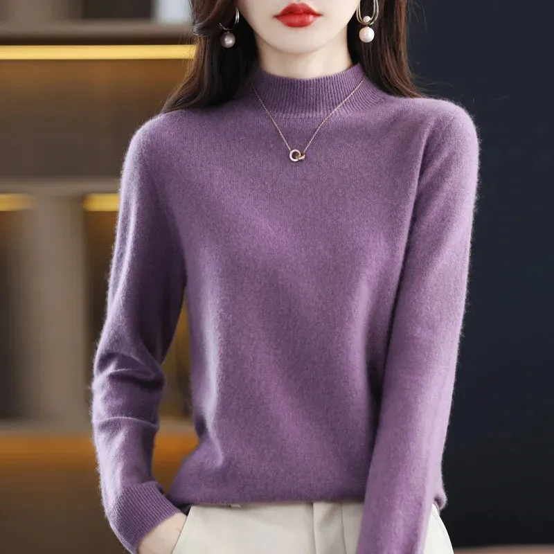 Wool Women's Cashmere Knitted Sweater Half High Collar Long Sleeve Pullover