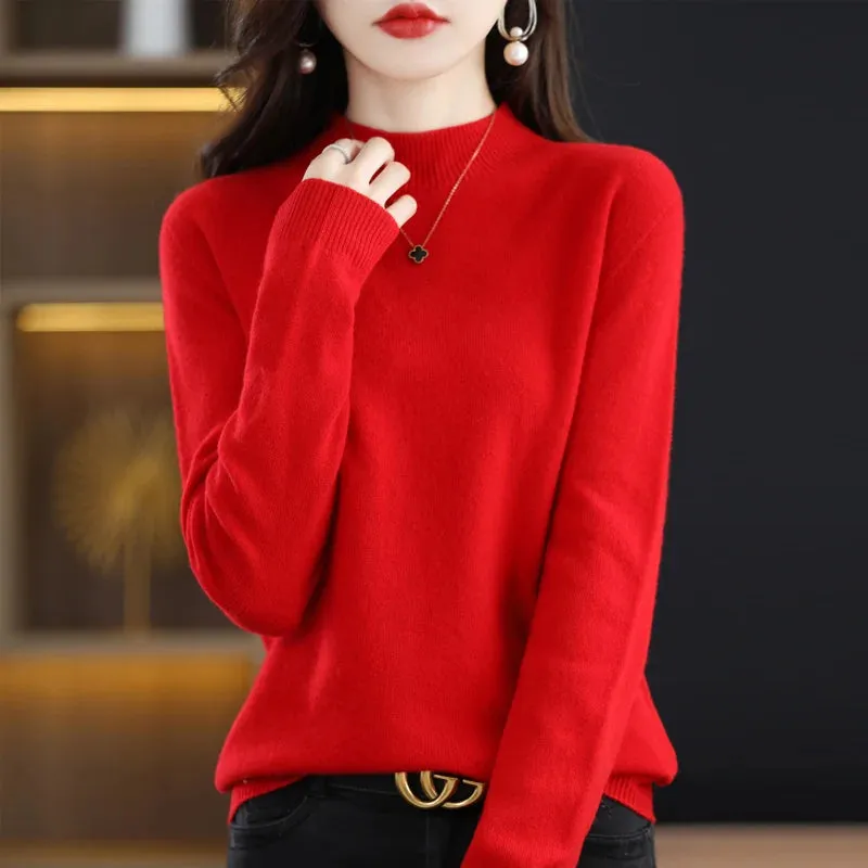 Wool Women's Cashmere Knitted Sweater Half High Collar Long Sleeve Pullover
