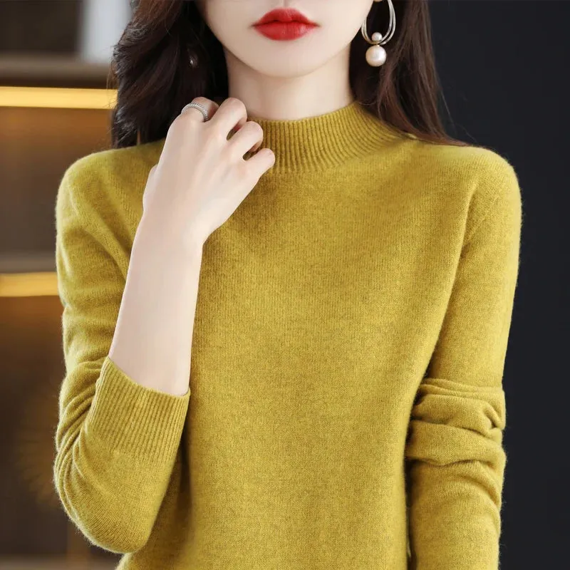 Wool Women's Cashmere Knitted Sweater Half High Collar Long Sleeve Pullover