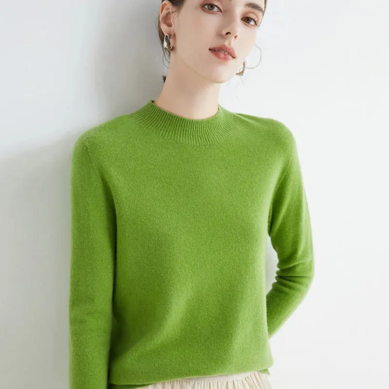 Wool Women's Cashmere Knitted Sweater Half High Collar Long Sleeve Pullover