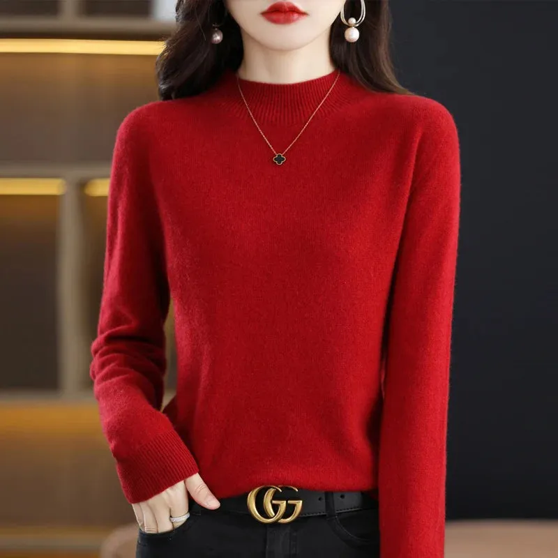 Wool Women's Cashmere Knitted Sweater Half High Collar Long Sleeve Pullover