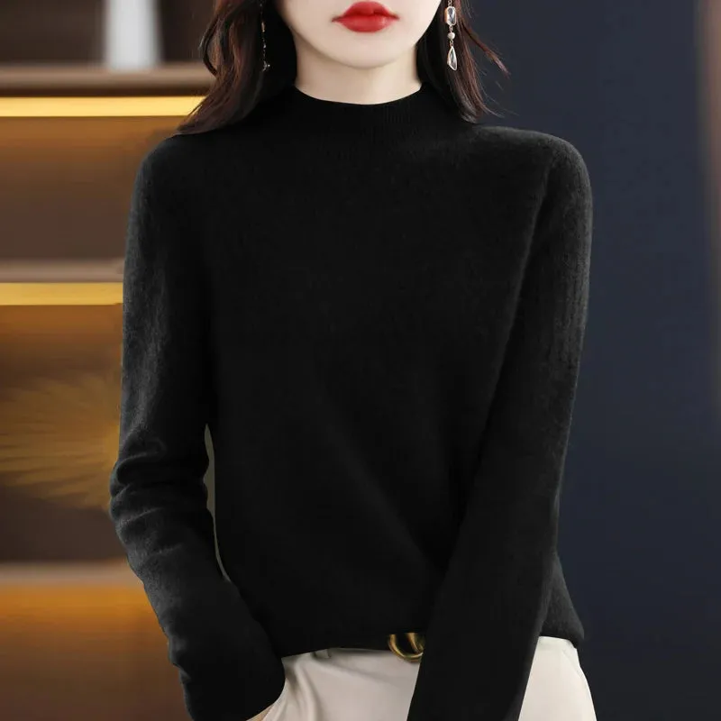 Wool Women's Cashmere Knitted Sweater Half High Collar Long Sleeve Pullover