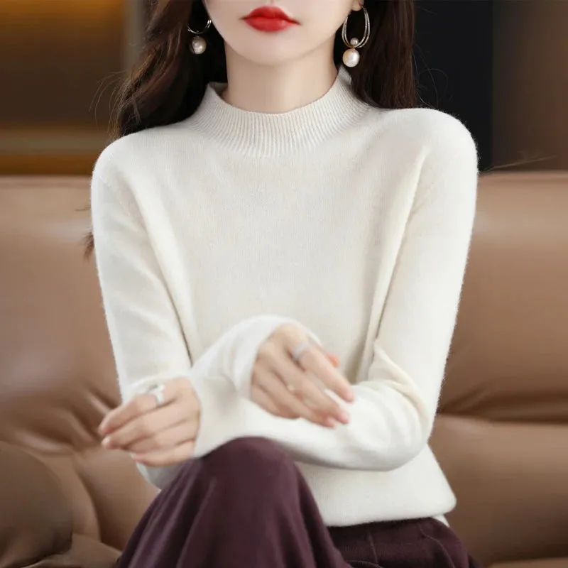 Wool Women's Cashmere Knitted Sweater Half High Collar Long Sleeve Pullover