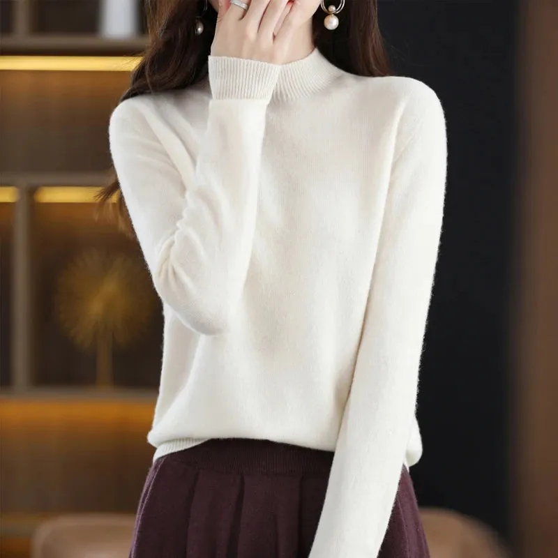 Wool Women's Cashmere Knitted Sweater Half High Collar Long Sleeve Pullover