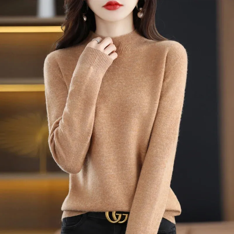 Wool Women's Cashmere Knitted Sweater Half High Collar Long Sleeve Pullover
