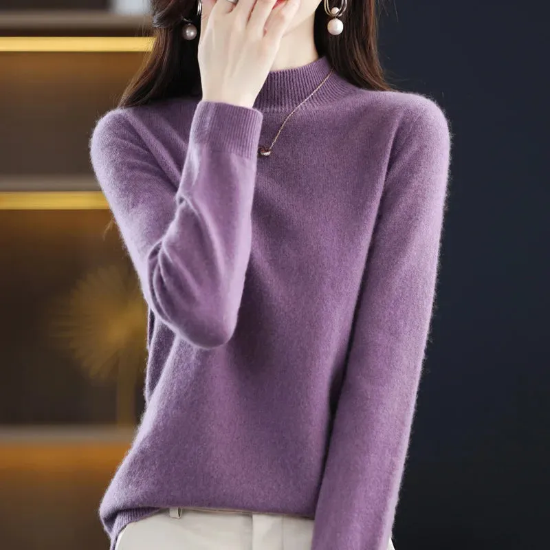 Wool Women's Cashmere Knitted Sweater Half High Collar Long Sleeve Pullover