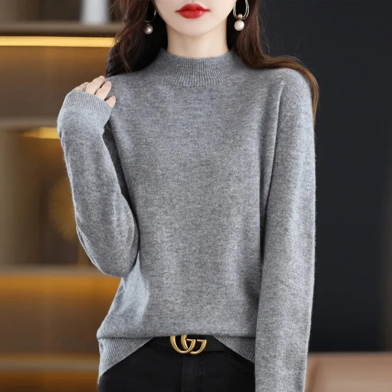 Wool Women's Cashmere Knitted Sweater Half High Collar Long Sleeve Pullover