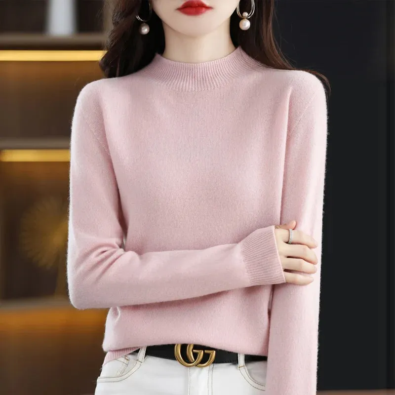 Wool Women's Cashmere Knitted Sweater Half High Collar Long Sleeve Pullover