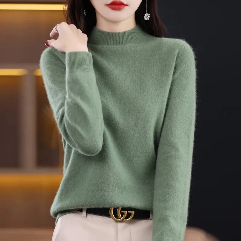 Wool Women's Cashmere Knitted Sweater Half High Collar Long Sleeve Pullover