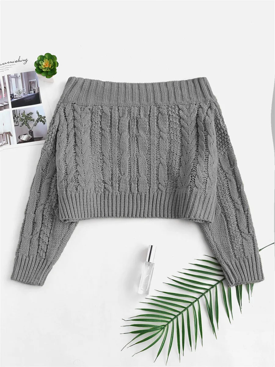 ZAFUL Women off shoulder Knit Crop Sweaters Batwing Sleeve Ribbed Hem Pullover Sweater